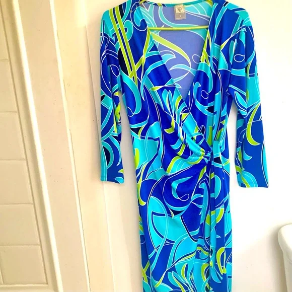 Anne Klein | Dresses | Anne Klein Dress Blue Green Size 8 Faux Wrap 34 Long  Sleeve | Poshmark